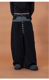 Men's Blue Patchwork Button Cargo Jeans