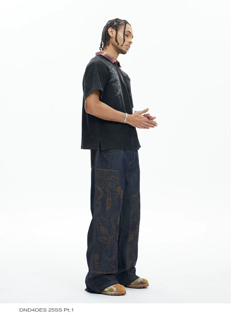 High-Density Embroidery Flared Raw Denim Jeans