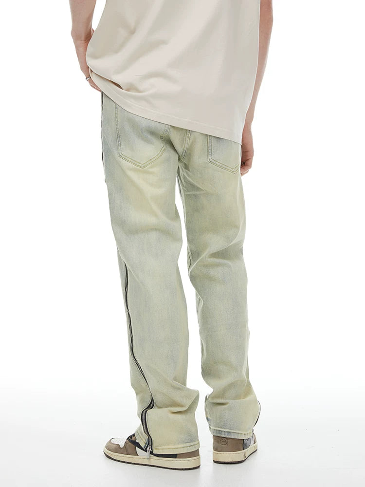 Yellow Washed Distressed Straight Jeans