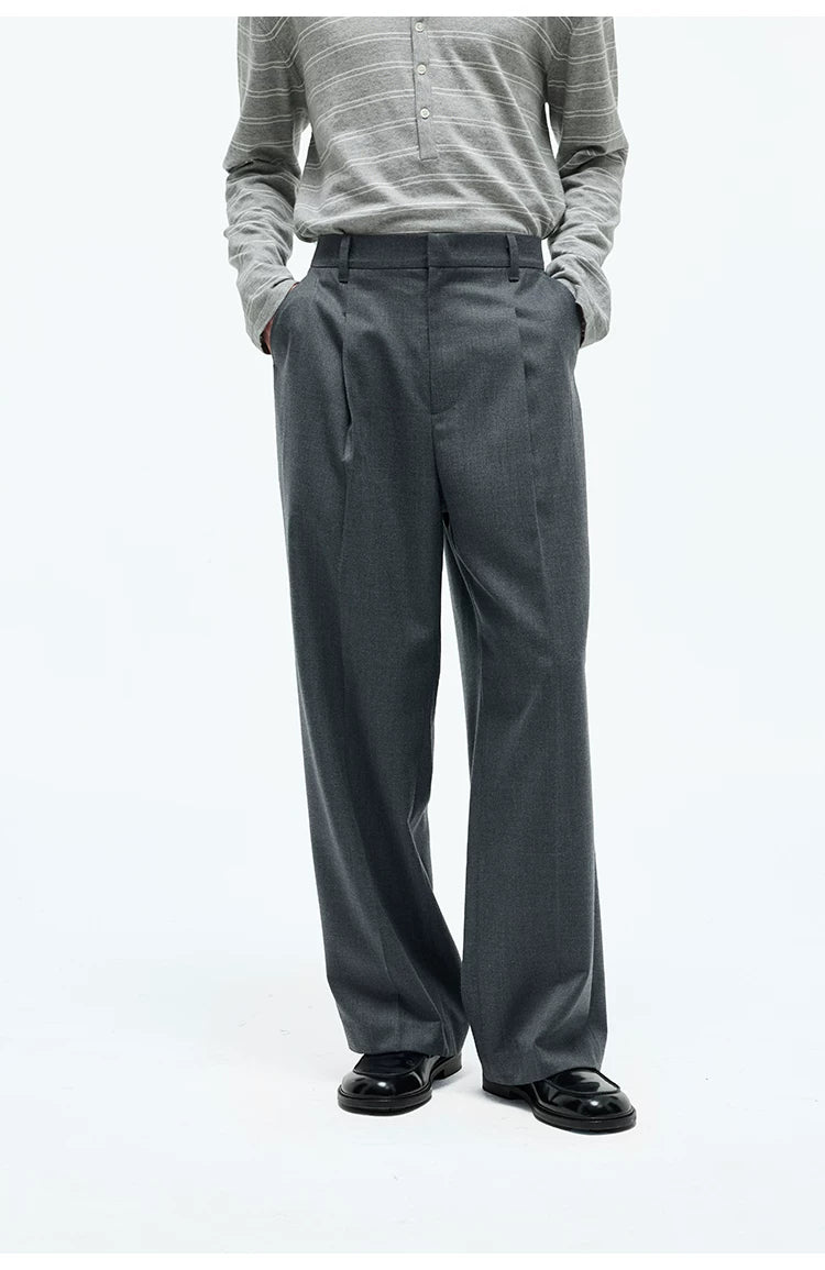 Merino Wool Casual Pleated Straight Pants