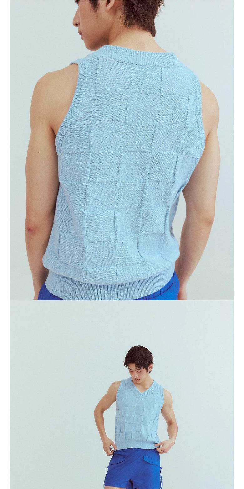 Blue Checkered Lace V-neck Cashmere Vest