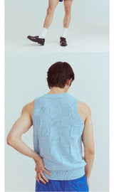 Blue Checkered Lace V-neck Cashmere Vest