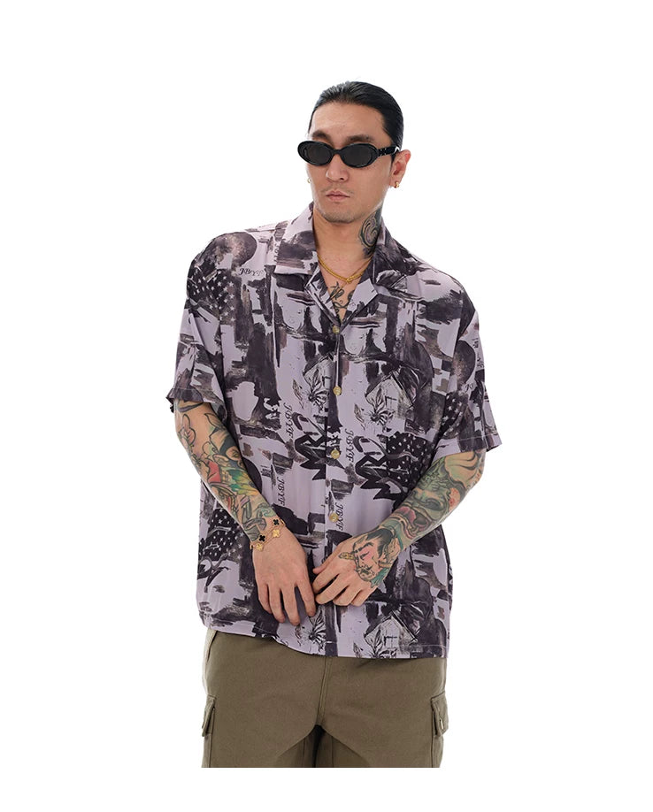 Lavender Graffiti Cuban Collar Hawaiian Shirt