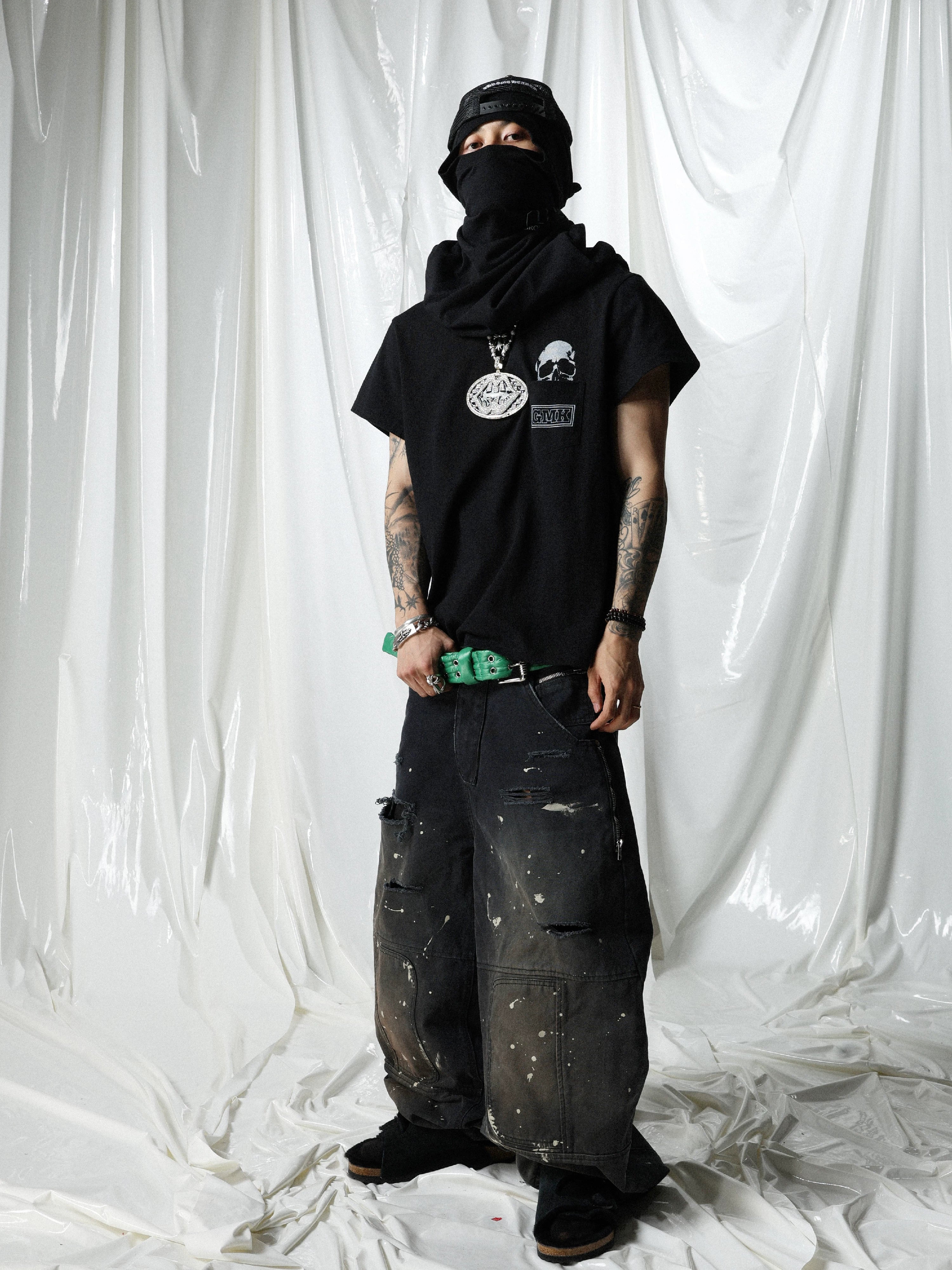 Black Skull Print Pocket Tee