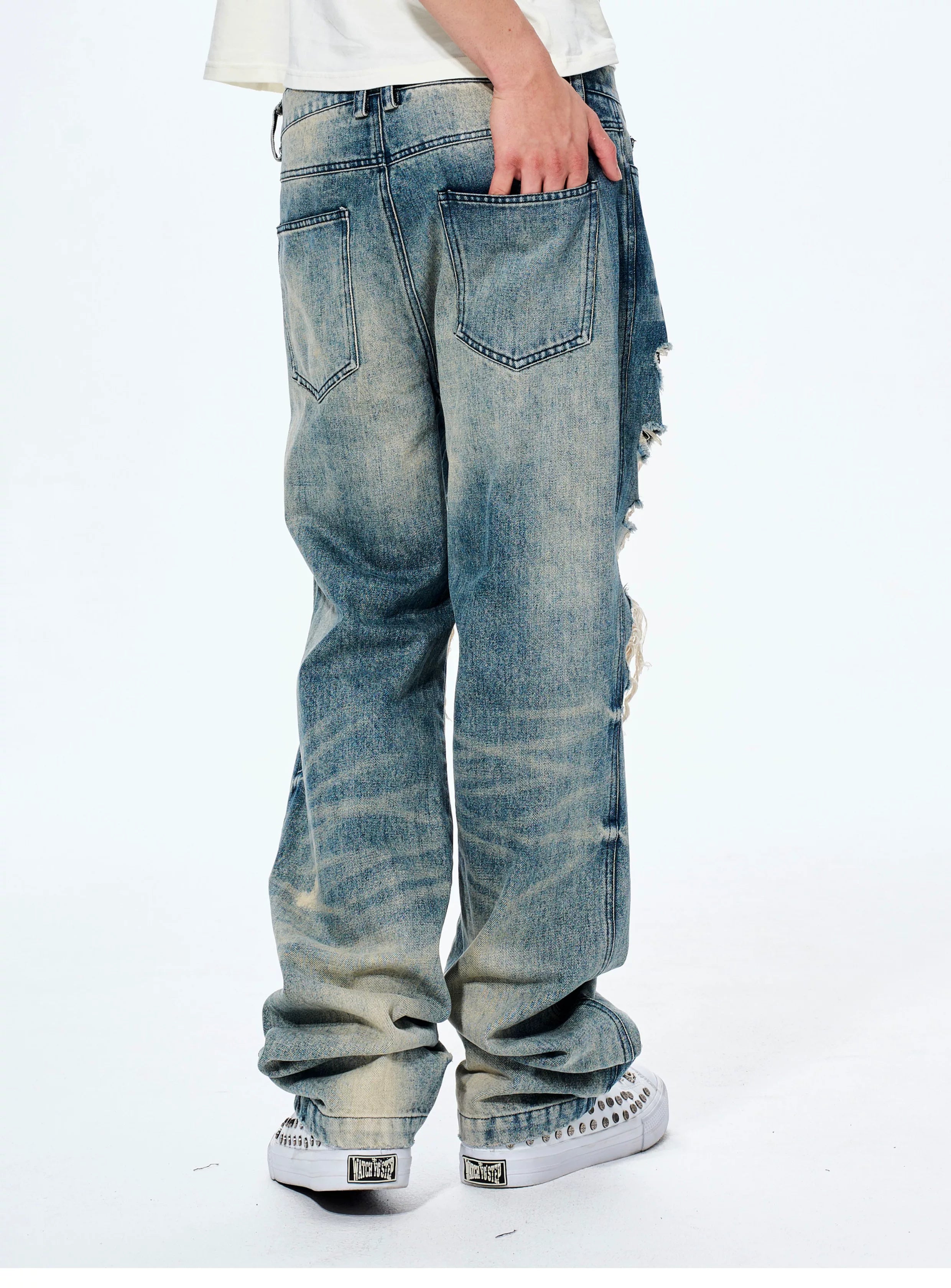 Men's Distressed Washed Straight Leg Jeans
