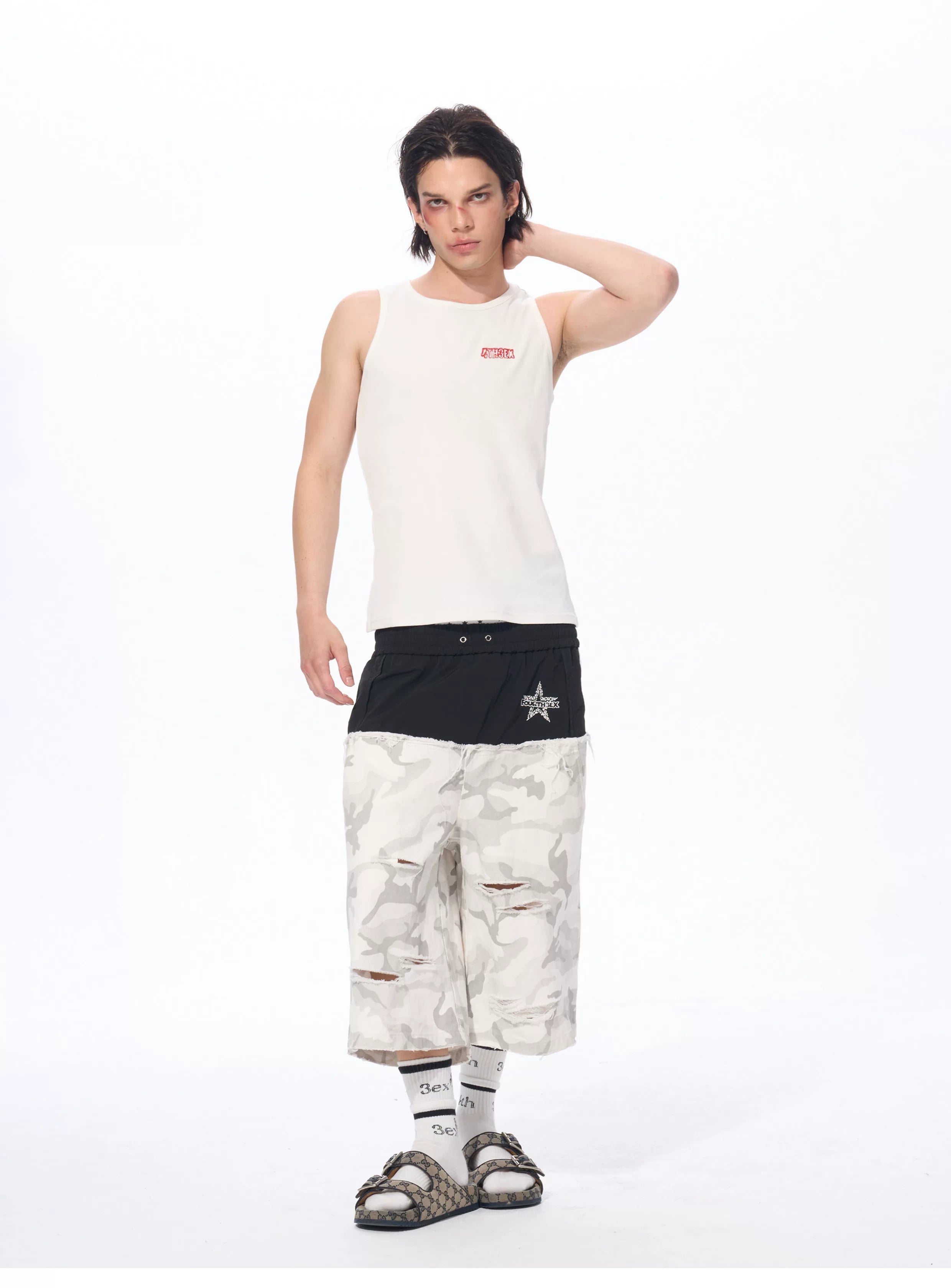 Men's Patchwork Ripped White Camo Pants