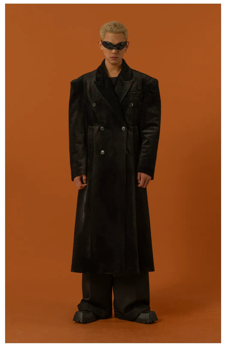 Men's Long Black Velvet Wool Coat