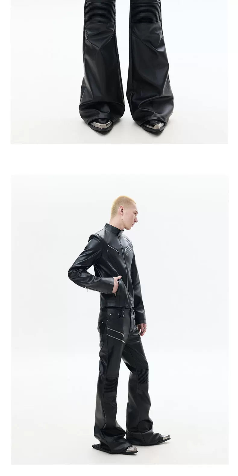 Black Zipped Coated Flared Leather Pants