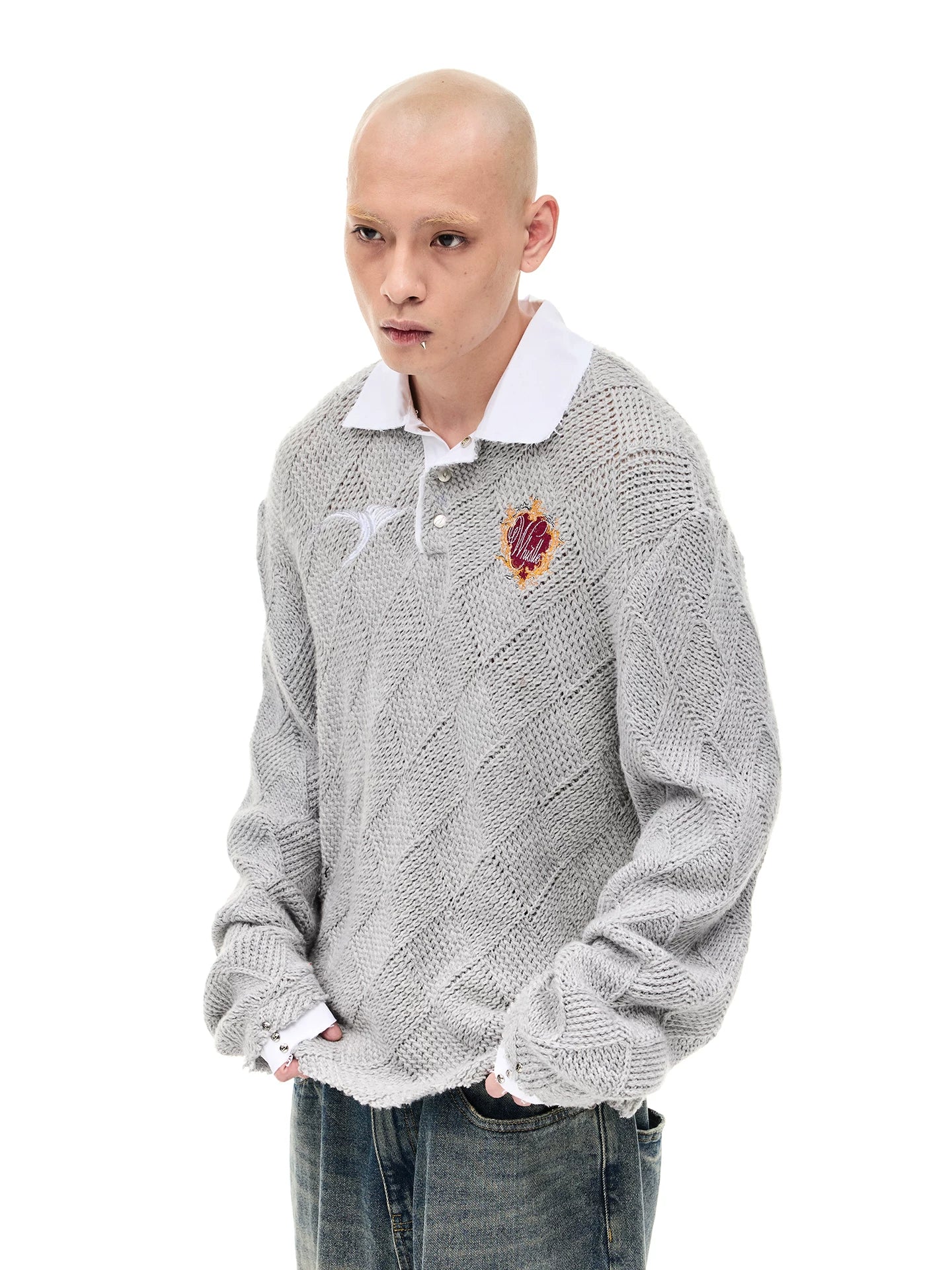 Argyle Knit Wool Blend Polo Sweater