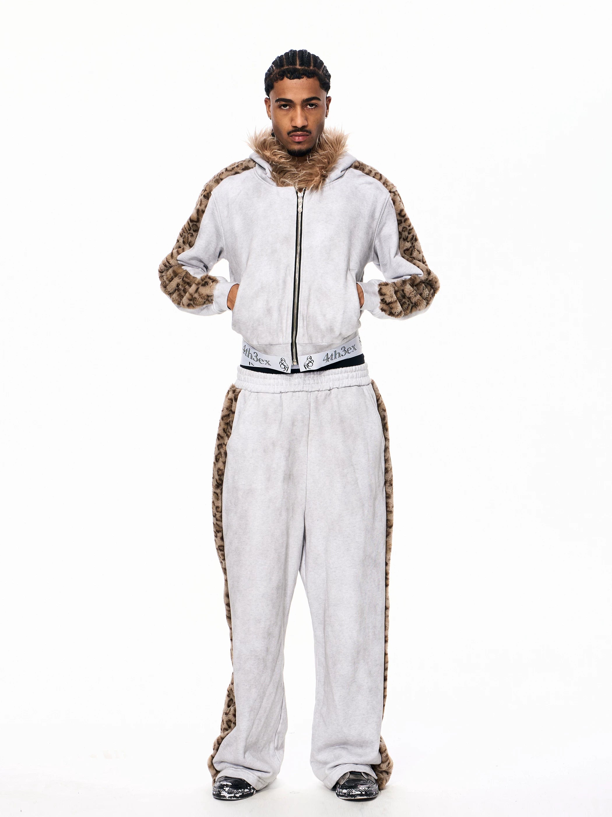 Men's Light Gray Leopard Fleece Sweatpants