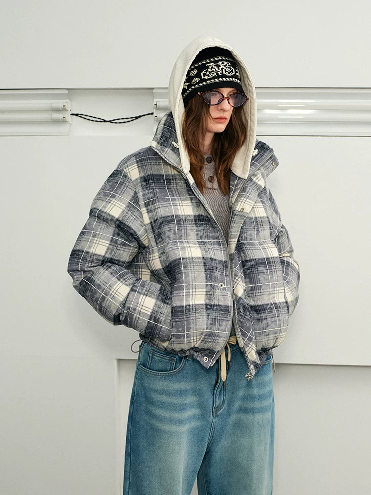 Detachable Hooded Plaid Puffer Coat