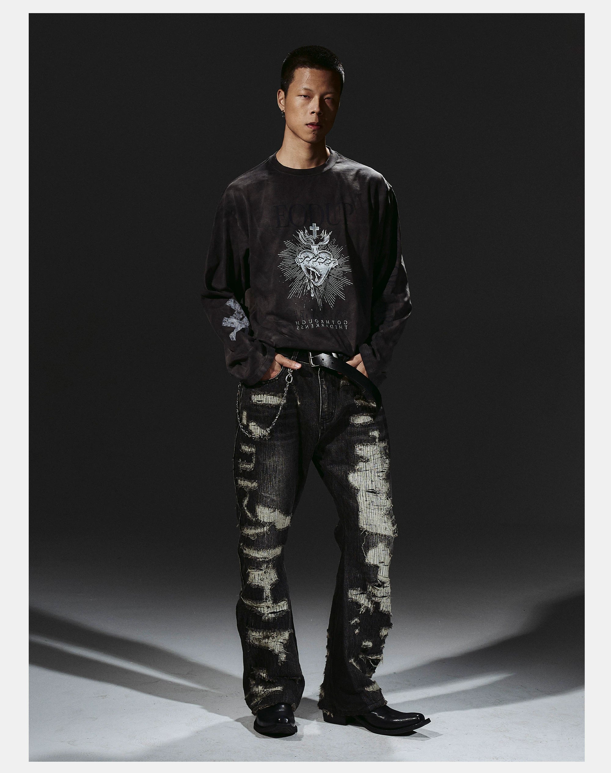 Heavyweight Distressed Embroidered Patchwork Flared Jeans