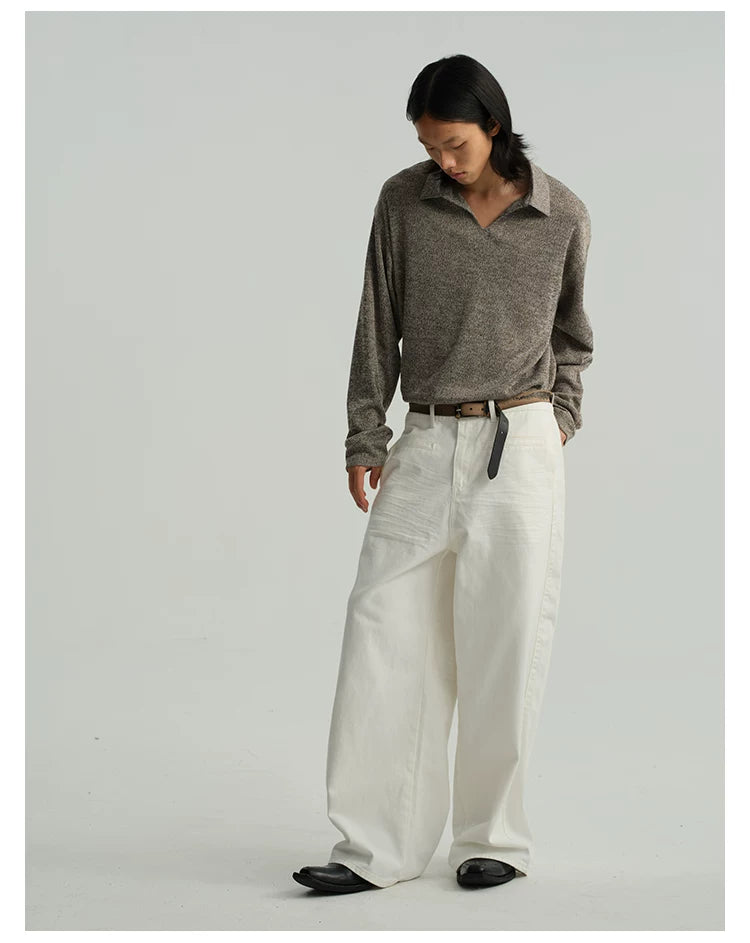 Pleated Distressed White Baggy Denim Jeans