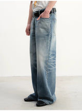 Grey Blue Distressed Wide Leg Jeans