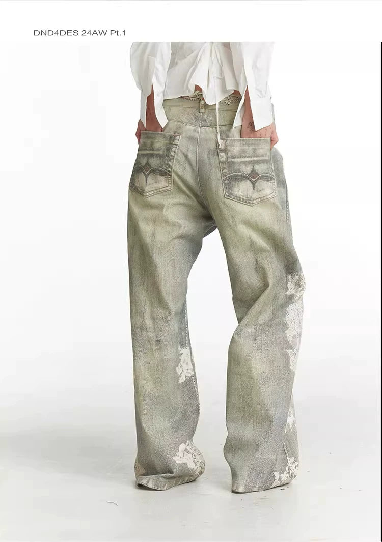 Vintage Digital Lace Print Flare Jeans