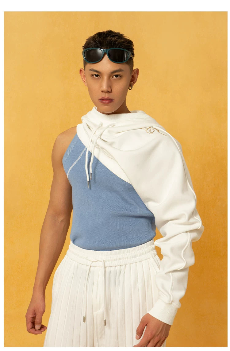 Off-White Single-sleeve Off-shoulder Loose Crop Hoodie