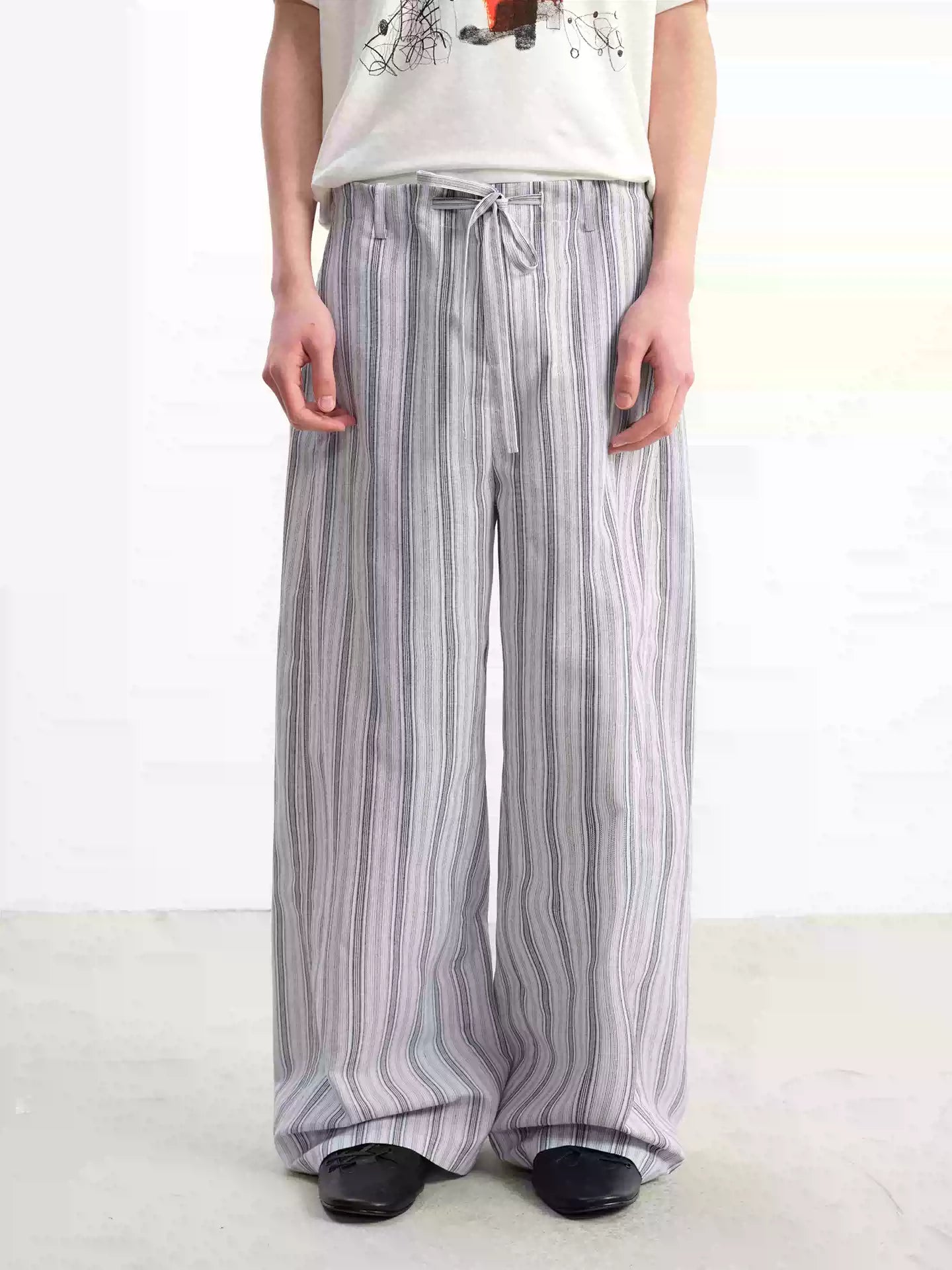 Tie-Front Striped Pleated Linen Pants