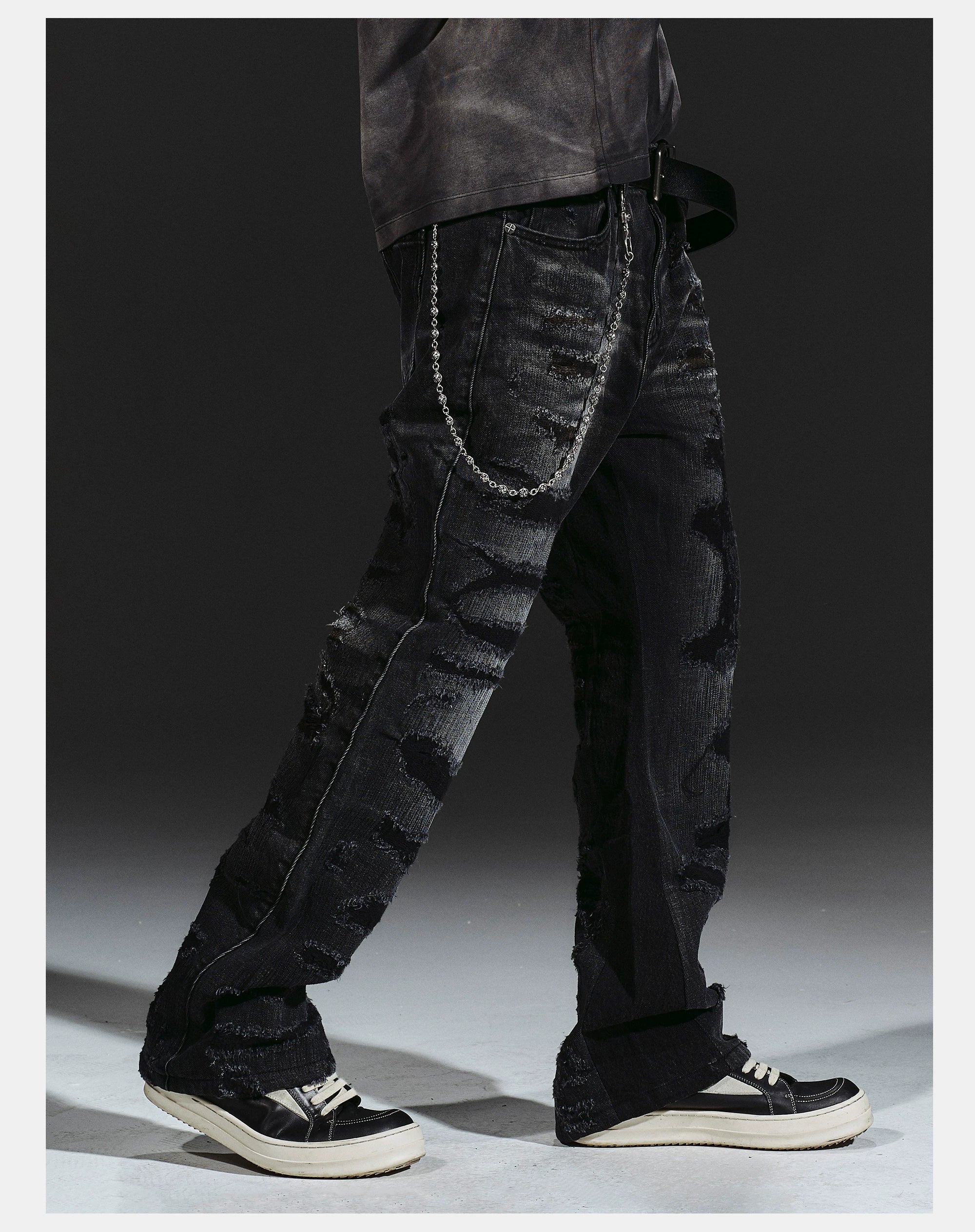 Flared Washed Distressed Patchwork Jeans