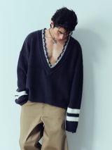 Distressed Striped Lace V-Neck Wool Sweater