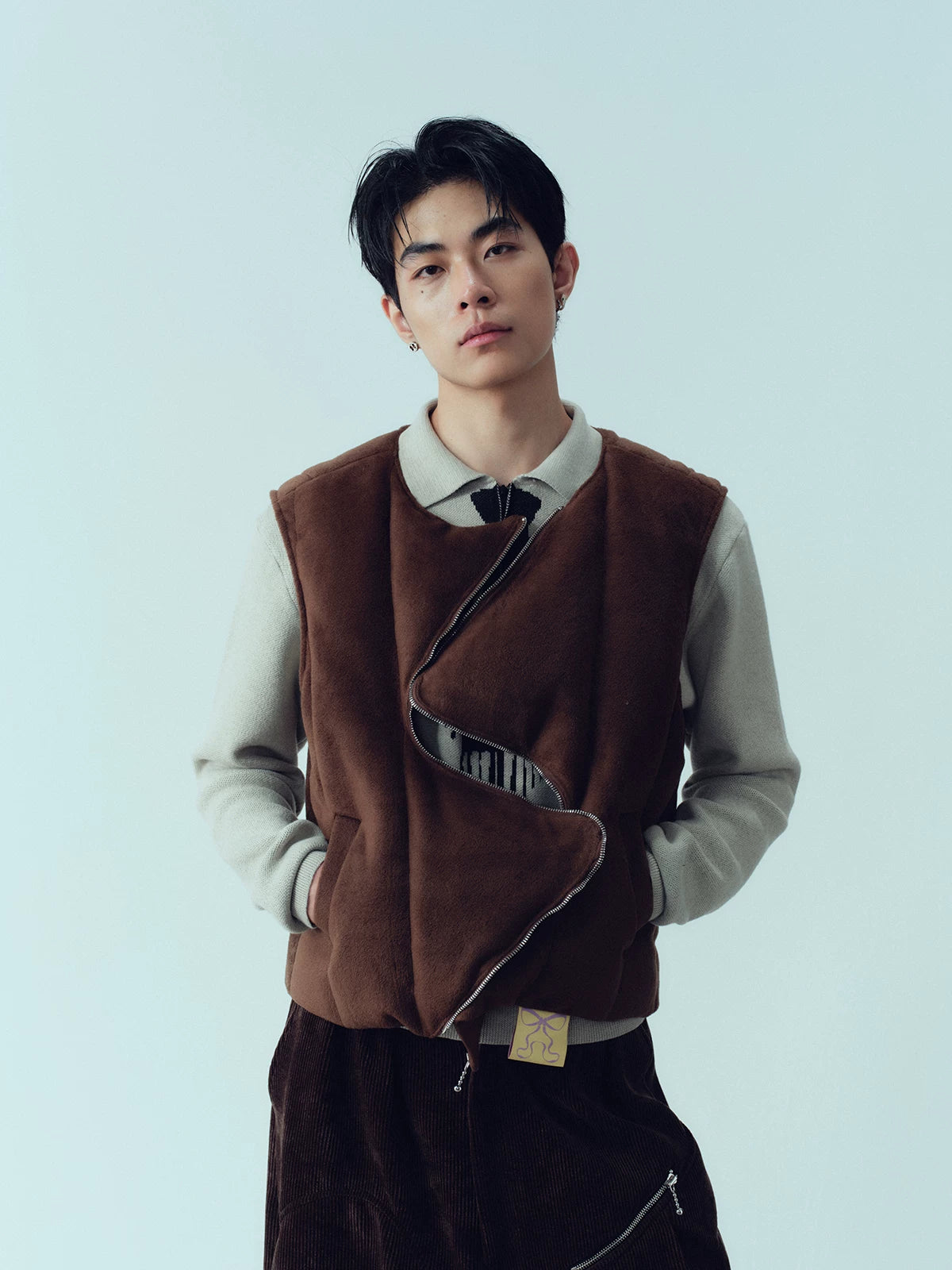 Retro Suede Bow Zipper Padded Vest