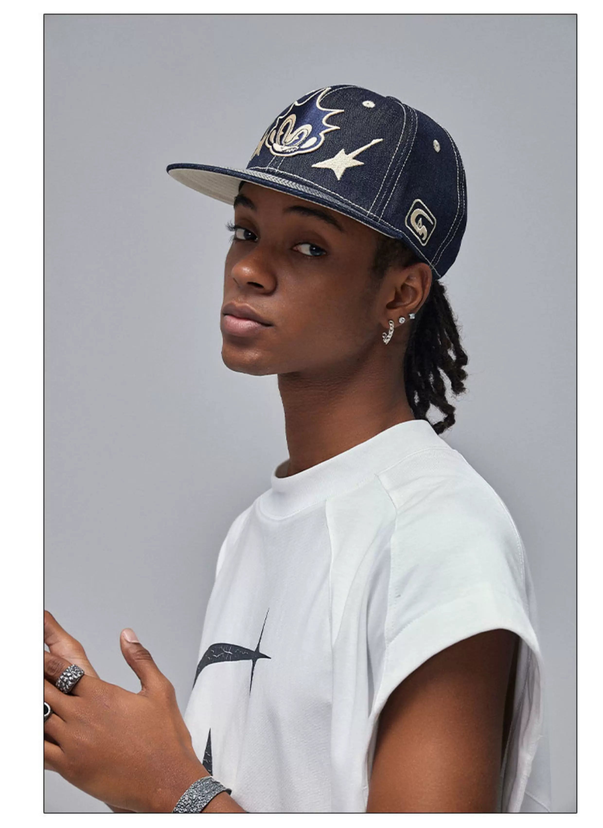 Embroidered Flat-Brim Denim Baseball Cap