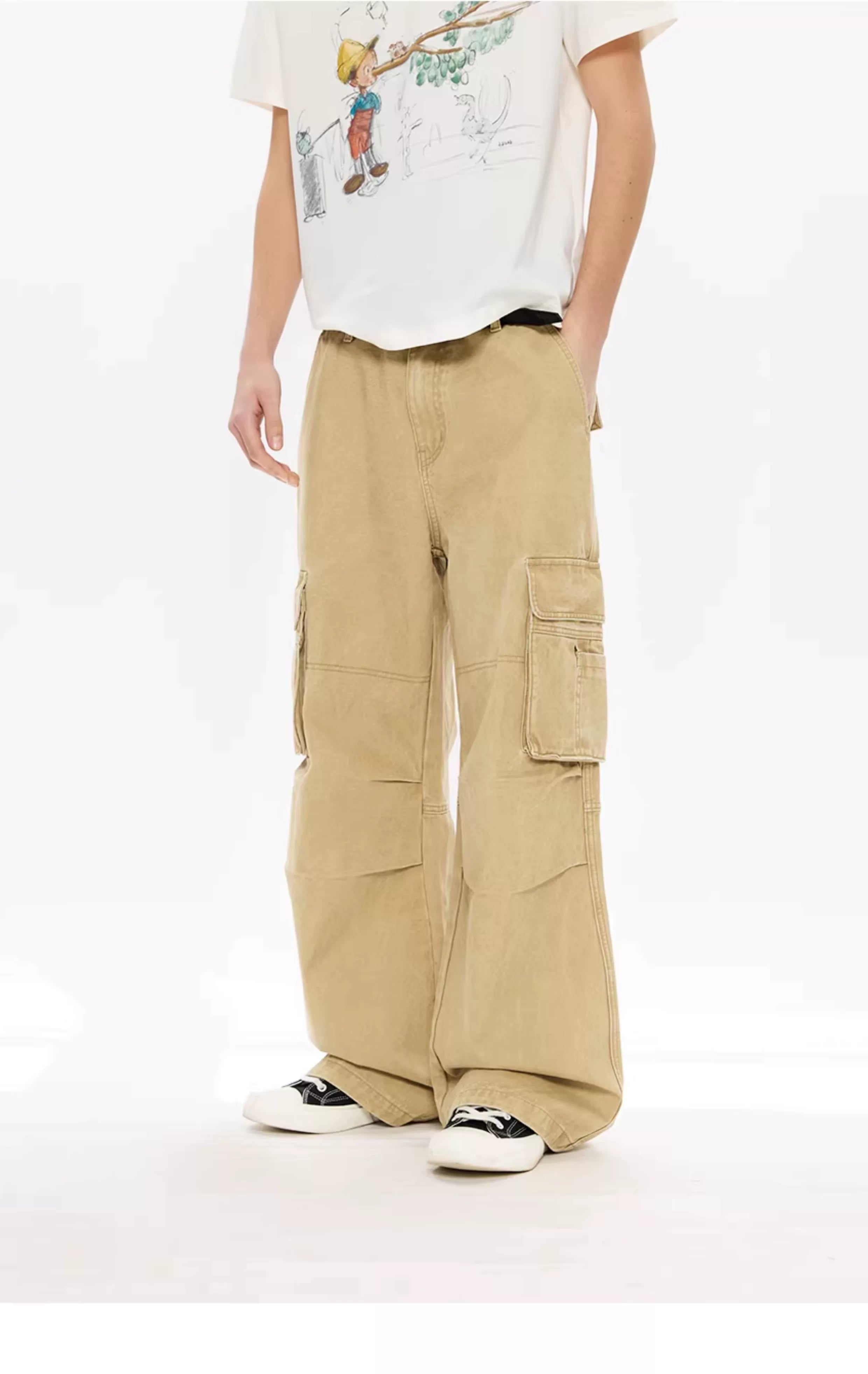 Washed Printed French Blue Cargo Pants
