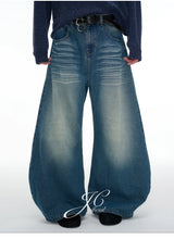 Pleated Distressed Wide Curved Jeans