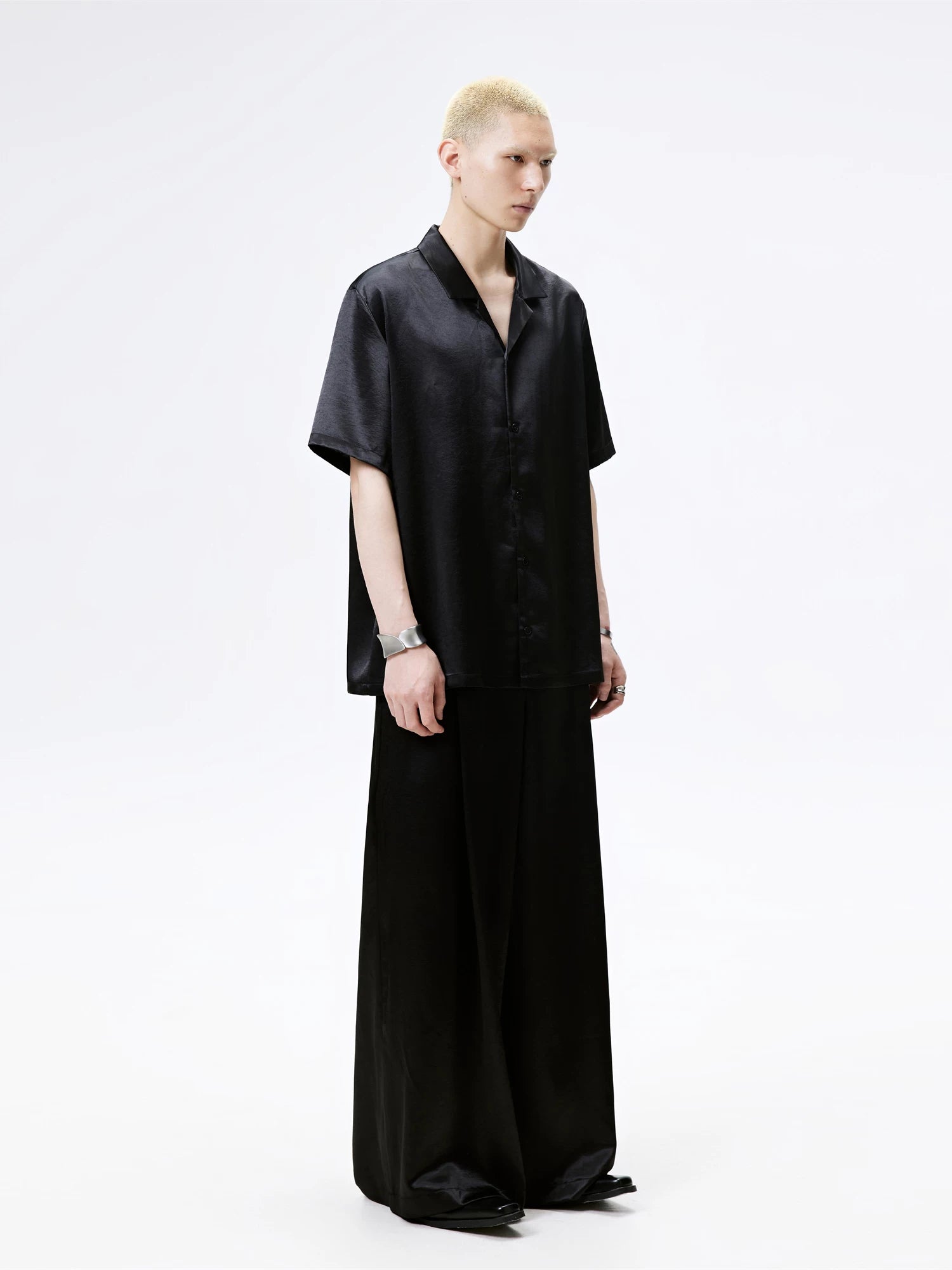 Cuban Collar Short Sleeve Satin Shirt