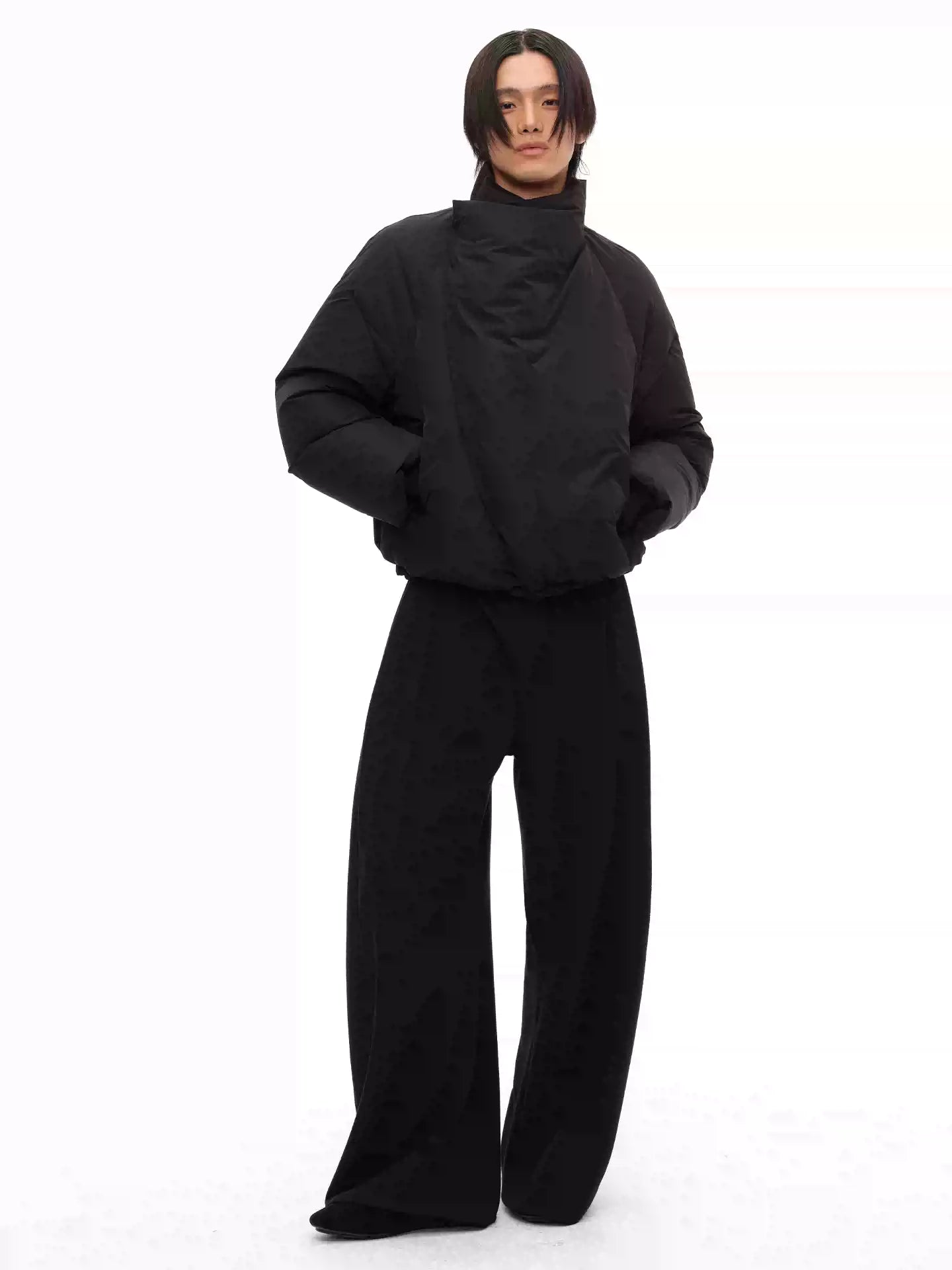 Slightly Curved Asymmetric Pleated Wool Pants