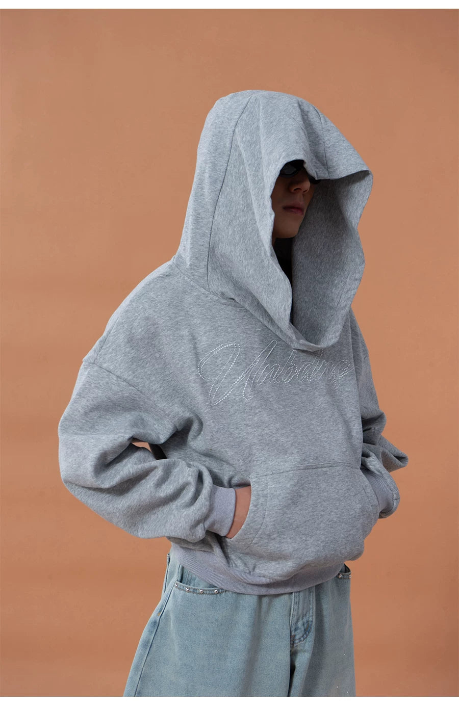Grey Blue Unisex Letter Print Hoodie
