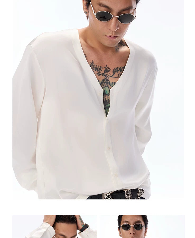 Satin V-Neck Acetate Long-Sleeve Shirt