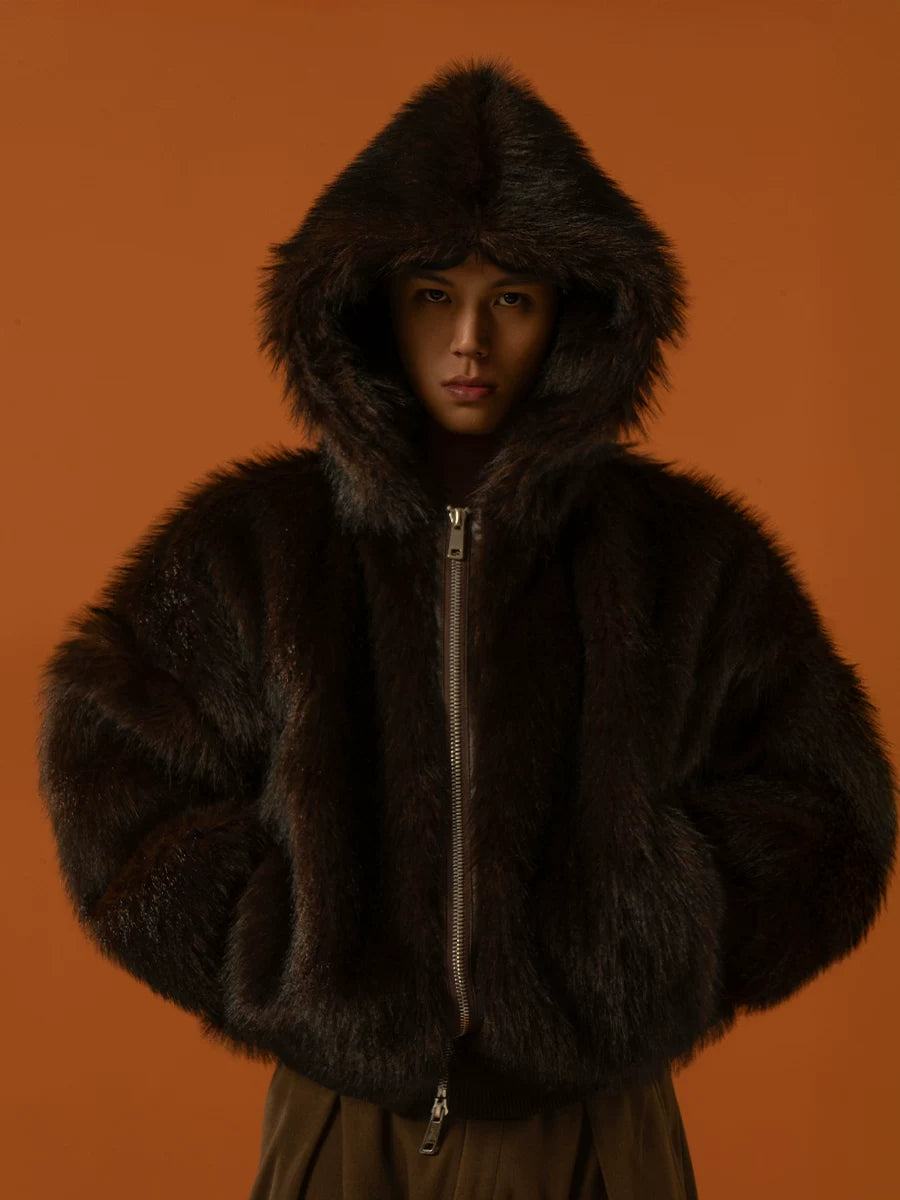 Black Red Hooded Faux Fur Coat