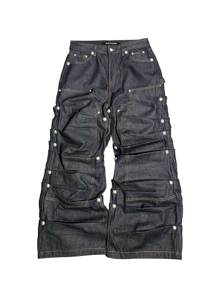 Studded Pleated Raw Lumberjack Denim Jeans