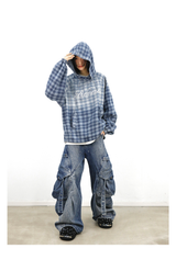 Gradient-Washed Plaid Stud Print Denim Hoodie