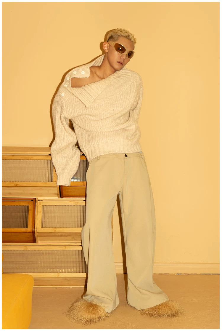Men's Apricot Wool Side-buttoned Turtleneck Sweater