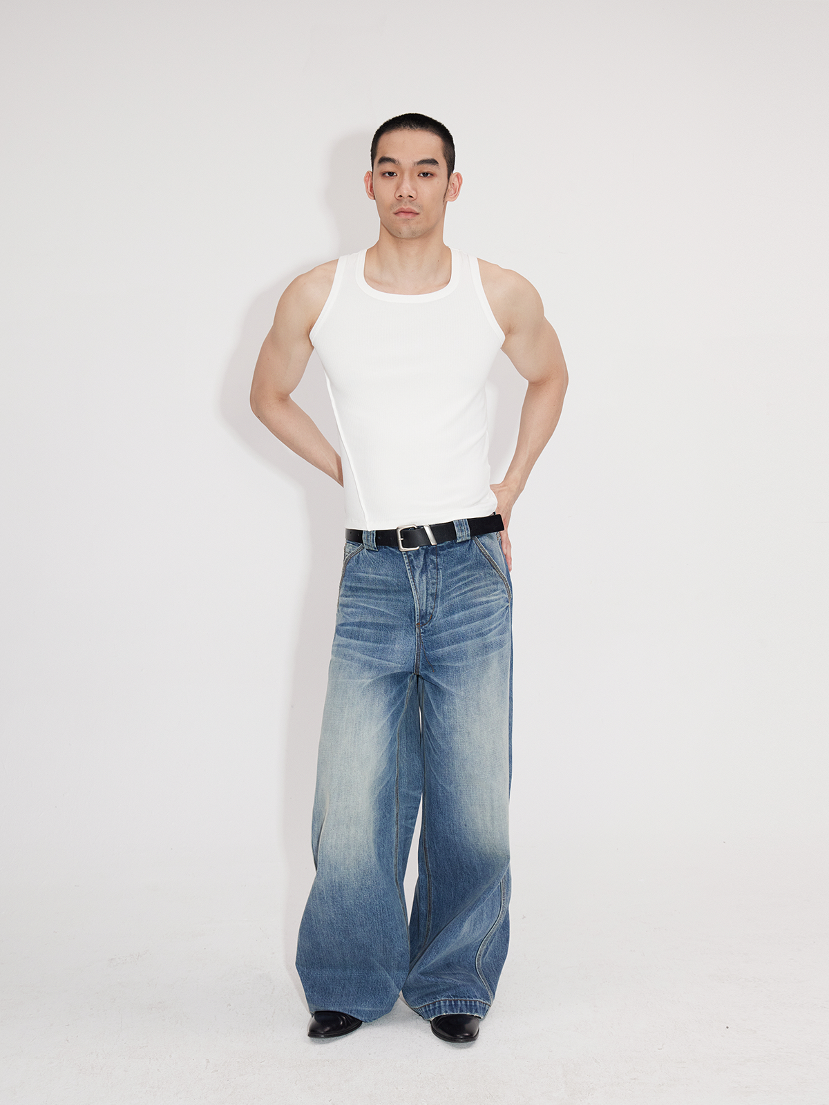 Heavyweight Natural Wash Asymmetrical Cargo Jeans