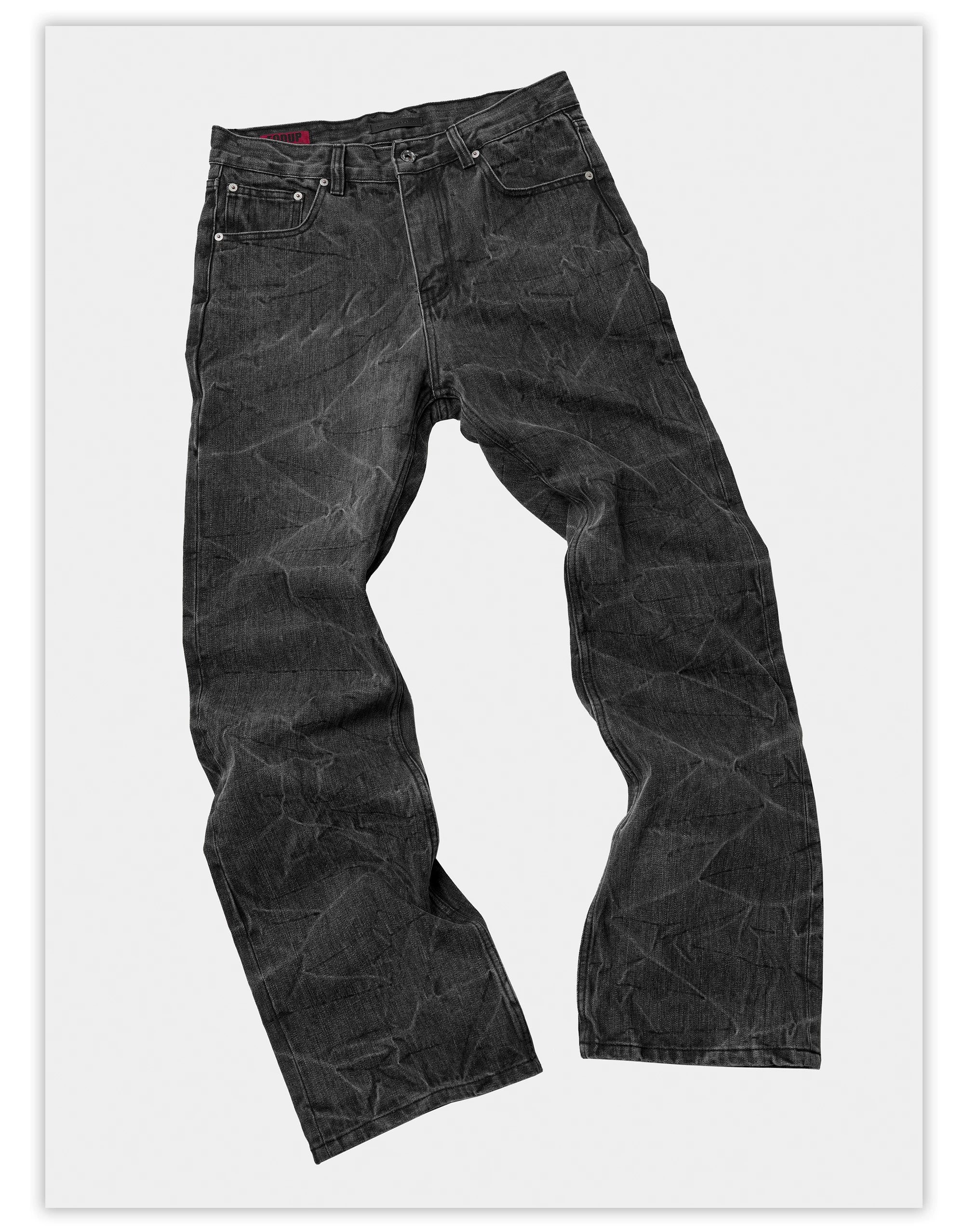 Distressed Washed Black Slub Straight Jeans