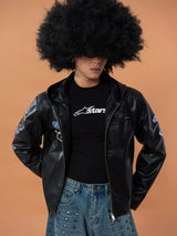 Men's Black Badged Hooded PU Jacket