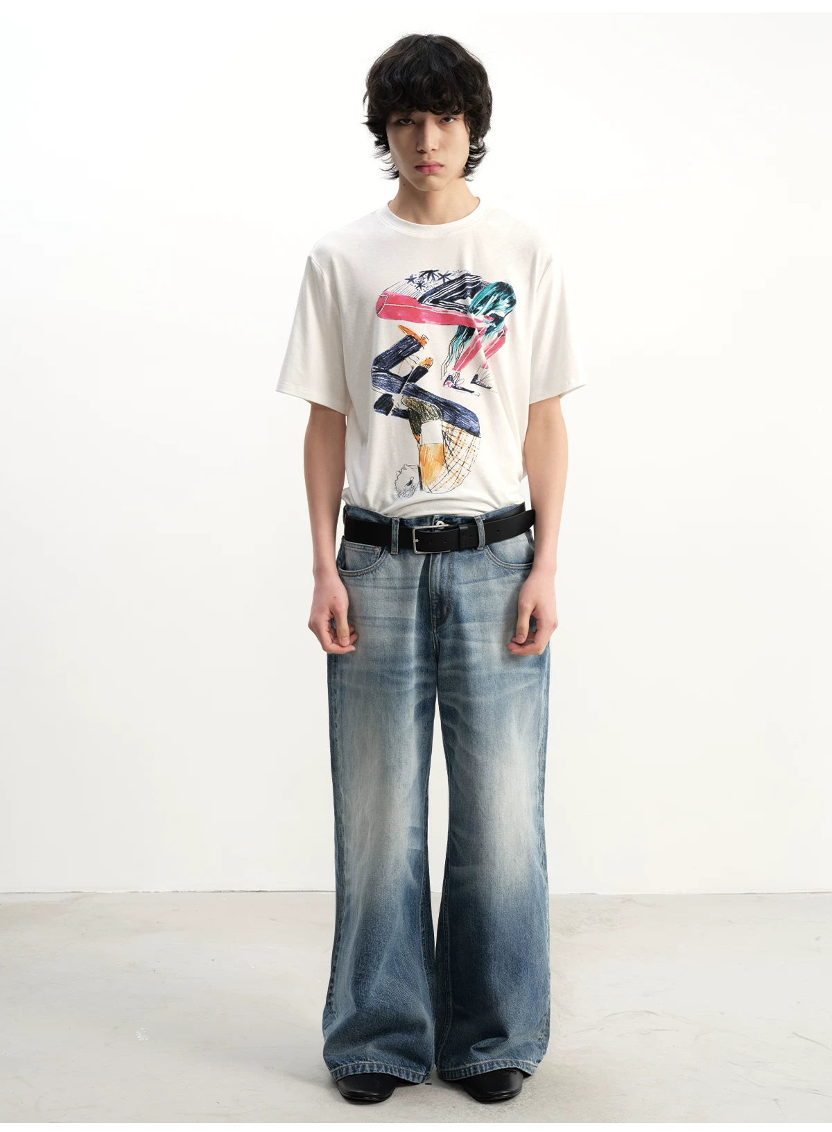 Grey Blue Distressed Wide Leg Jeans