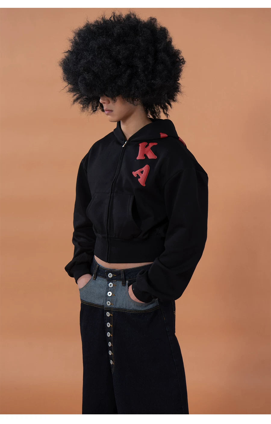 Men's Black Cropped Graphic Hooded Cardigan