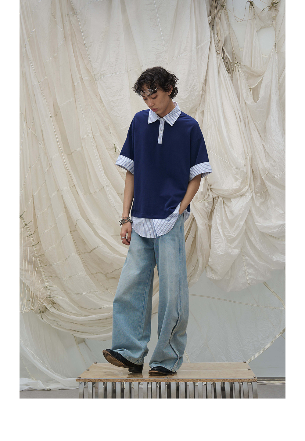 Washed Semi-Zip Relaxed Straight Leather-Patch Jeans