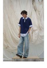 Washed Semi-Zip Relaxed Straight Leather-Patch Jeans