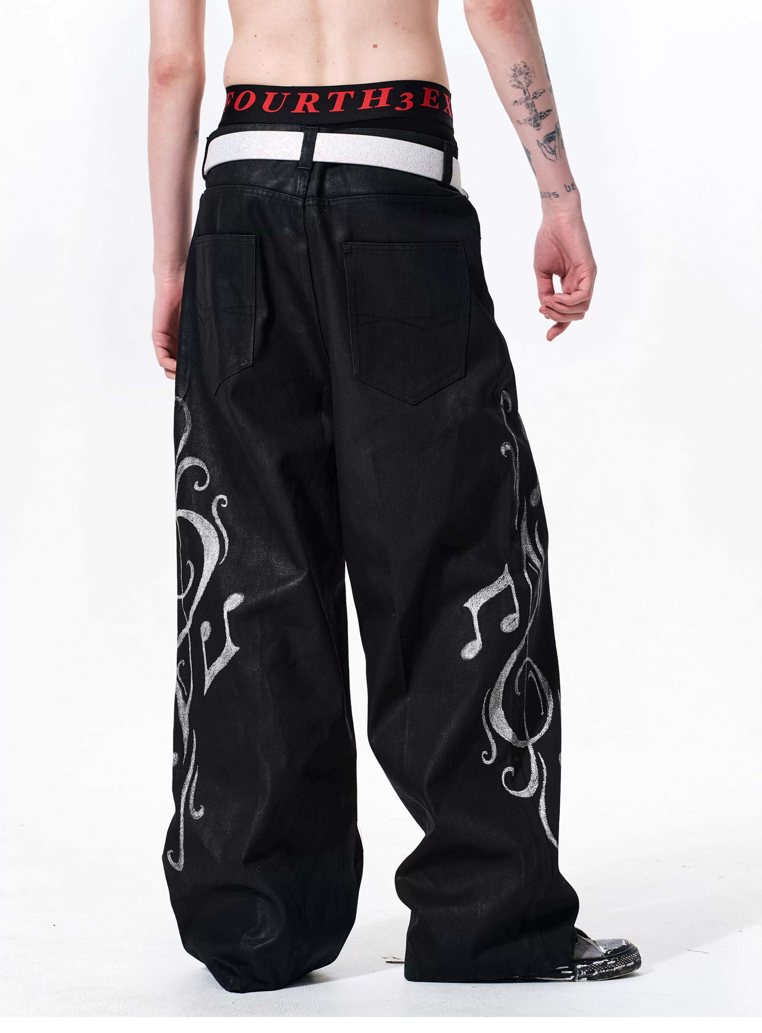 Waxed Note Print Straight Jeans