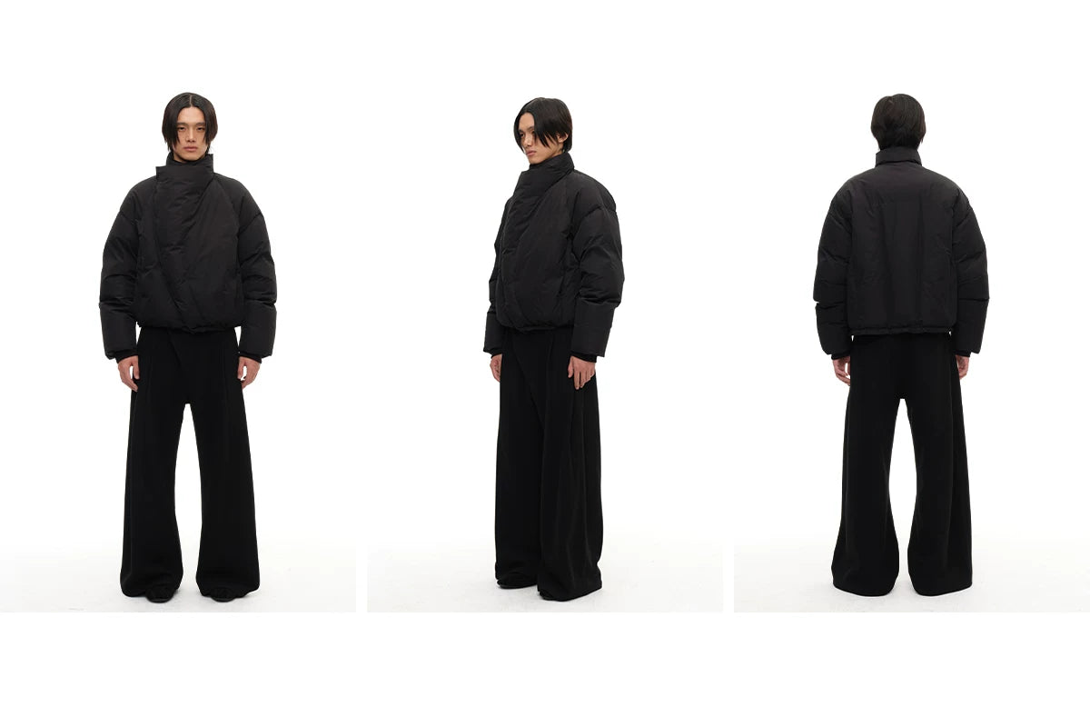 Slightly Curved Asymmetric Pleated Wool Pants