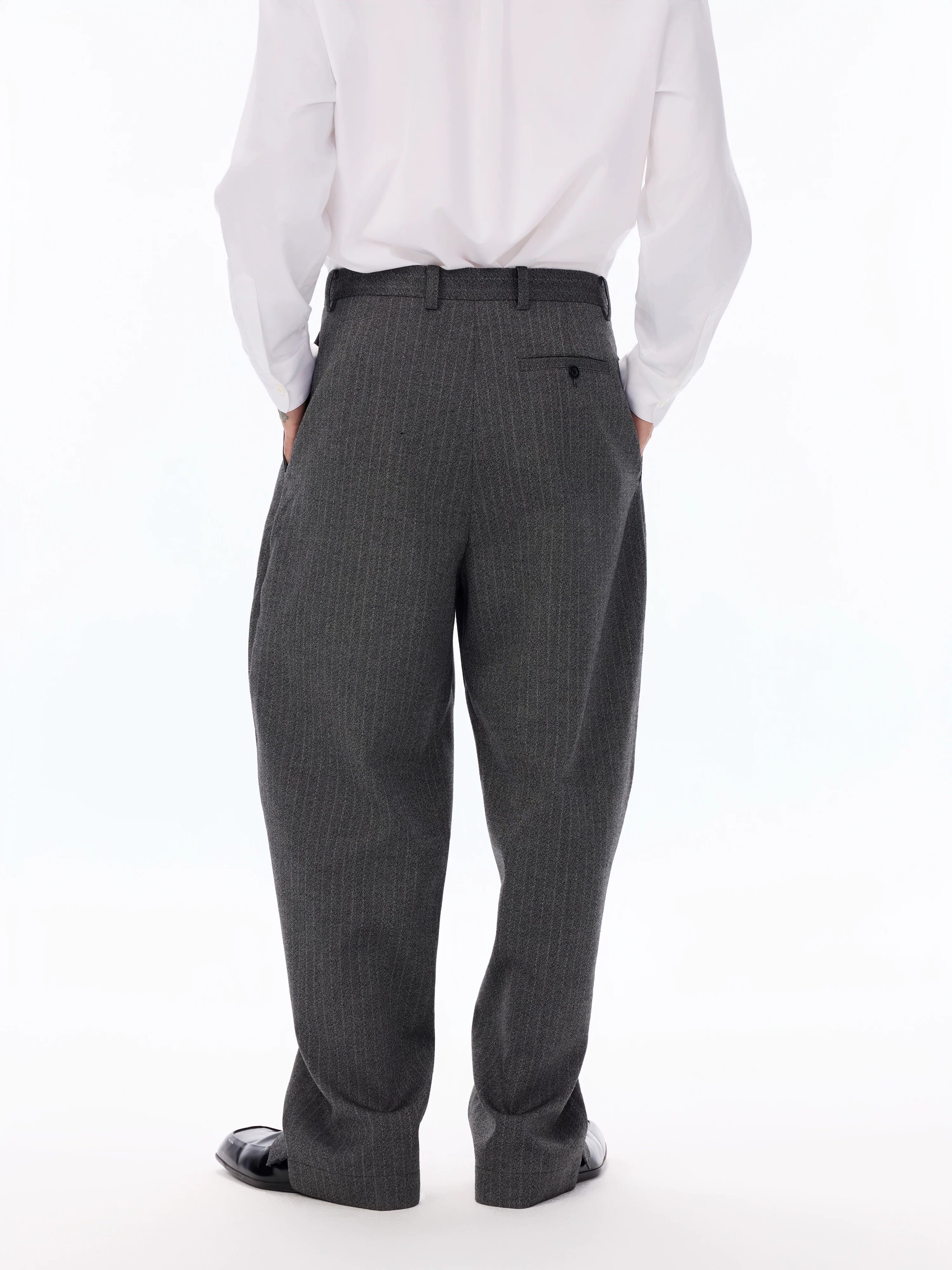 Grey Pinstripe Wool Blend Trousers