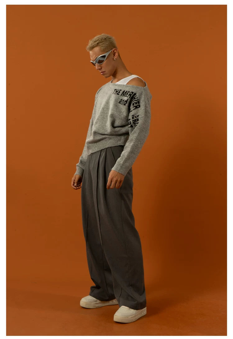 Unisex Black Red Grey Off-shoulder Sweater