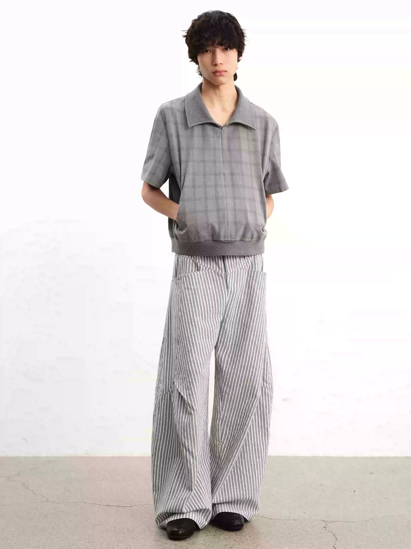 Striped Pleated Curved Hem Pants