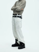 White Double Waistband Studded Straight Jeans