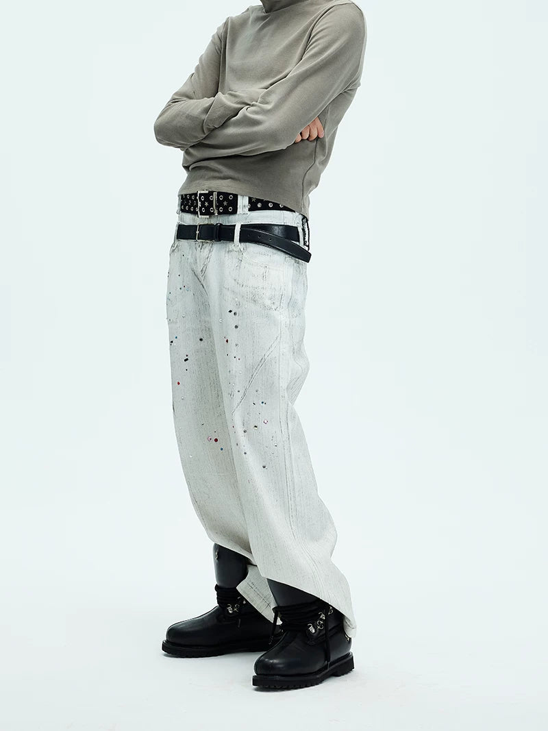 White Double Waistband Studded Straight Jeans
