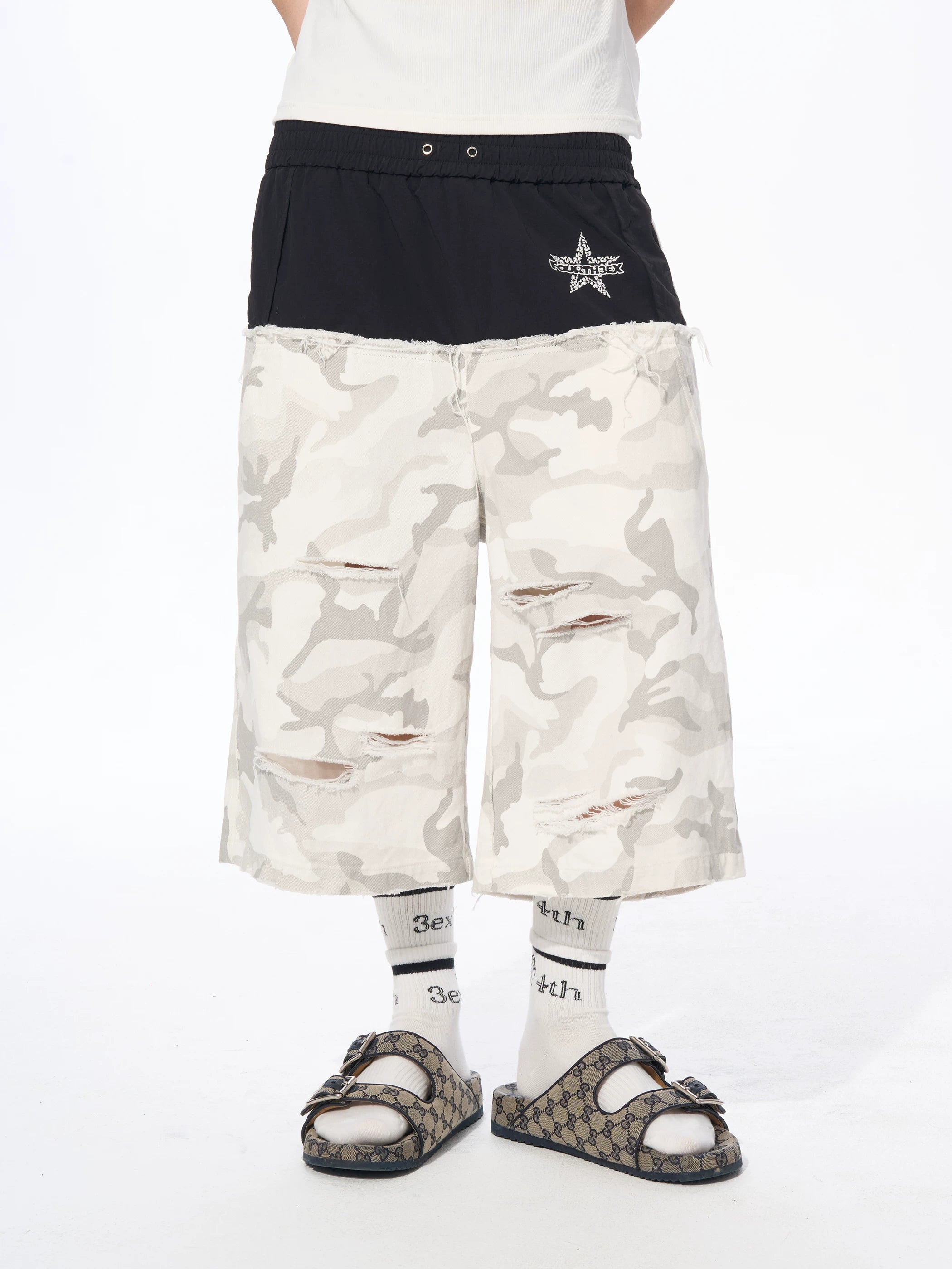 Men's Patchwork Ripped White Camo Pants